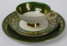Vintage Bavarian China Trio Tea Cup Saucer & Plate Green & Gold