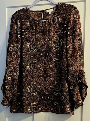 J Jill Paisley Print Blouse w/Key hole neckline Medium Mid Arm Flutter Sleeve