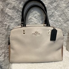 Coach Pebbled Satchel Beige Black Gold Hardware Double Handles Logo Women