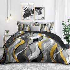 Classic Line Pattern Bedding Quilt King Size Modern Grey Yellow and White Str...