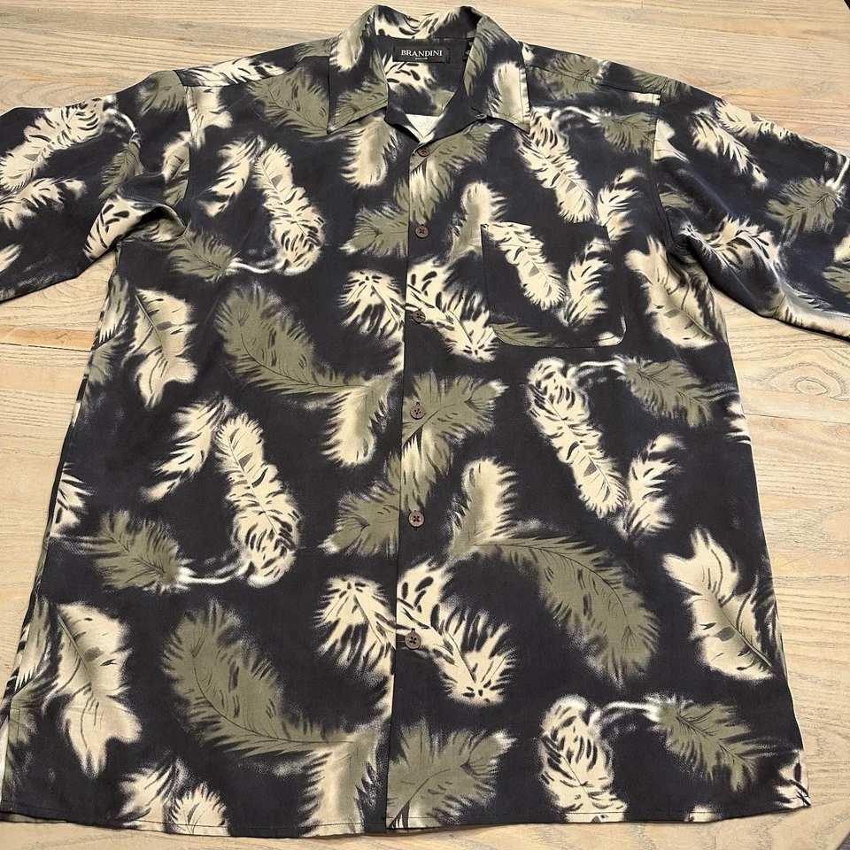 Brandini 100% Silk Hawaiian Button Up Shirt Mens XL Dark Gray Feathers Floral SS - Image 2 of 4