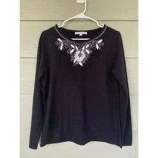 Mercer Street Studio Black Knit Sweater Beaded Floral Detail Luxelon Shirt Large