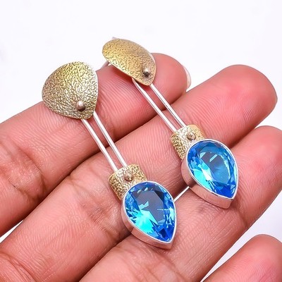 London Blue Topaz 925 Sterling Silver Two Tone Earring 1.76'' E2861881, Christmas