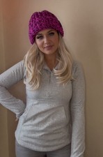 New Chunky Beanie Pink Black Hat Handmade Knit Yarn