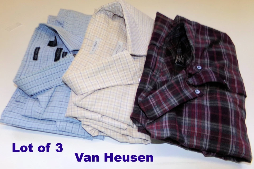 Van Heusen Men's Dress Shirt 2XL 18 Lot/3 Long Sleeve Blue, Beige & Red Plaid - Image 2 of 4