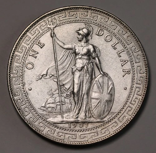 1907 B UK Great Britain Silver Trade Dollar KM# T5 Cleaned gEF Coin