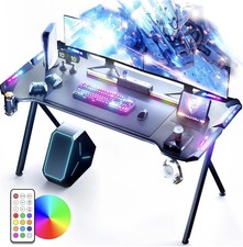 Gaming Desk With LED Lights Carbon Fiber Surface Cup Holder & Headphone Hook NEW
