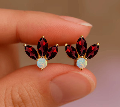 Opal & Garnet Marquise Gemstone 925 Sterling Silver Women Designer Stud Earrings