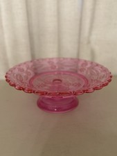 Vintage Pink Indiana Glass 10.5" Cake Stand Inverted Thistle Selenium Glow UV