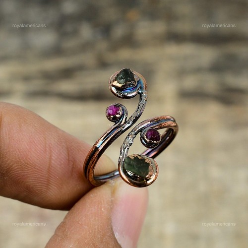 Multi Tourmaline Rough Gemstone Copper Stackable Wife Electroformed Ring Jewelry - Picture 3 of 7
