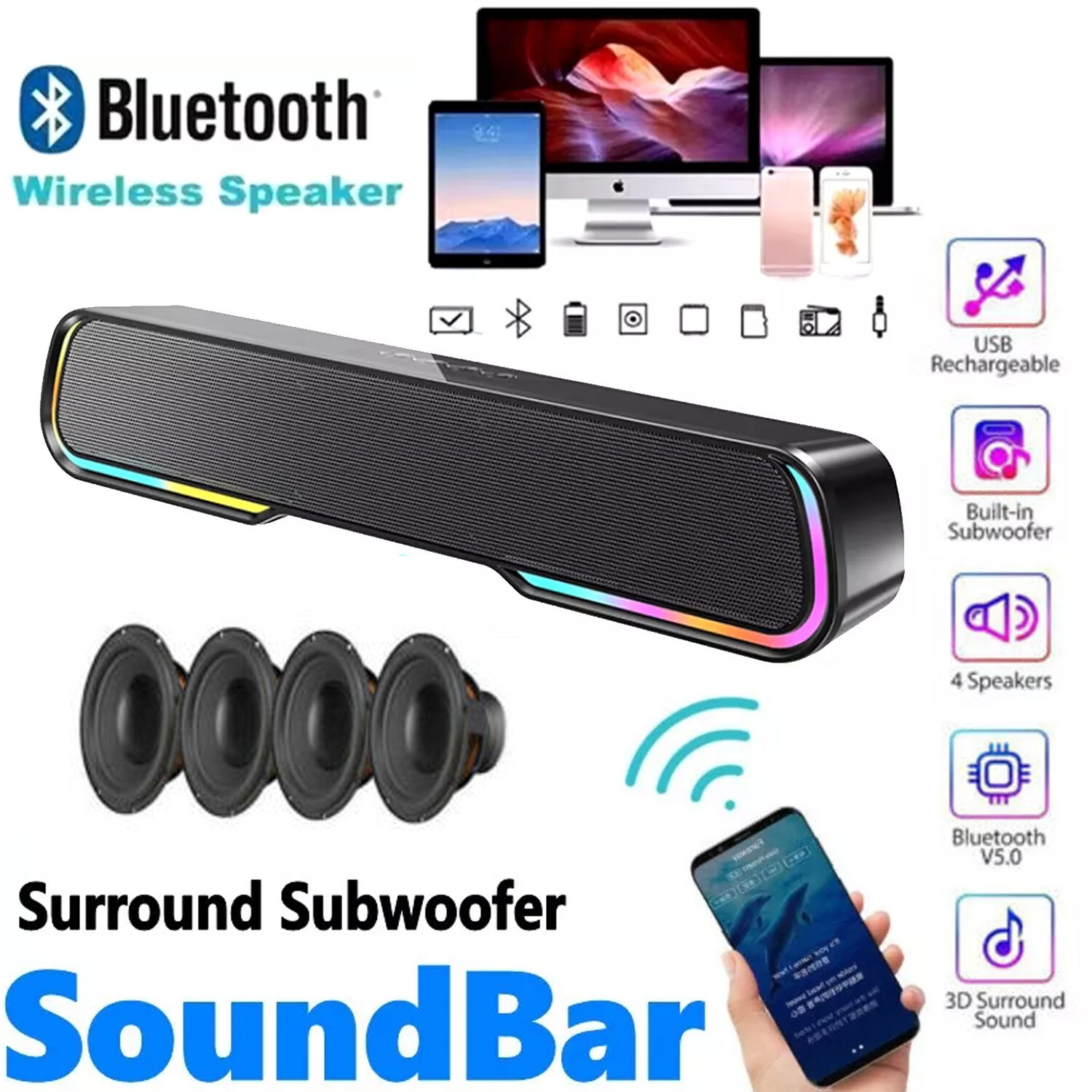 Bar Surround 4 Speaker Wireless Subwoofer Tv Home Theater Ne