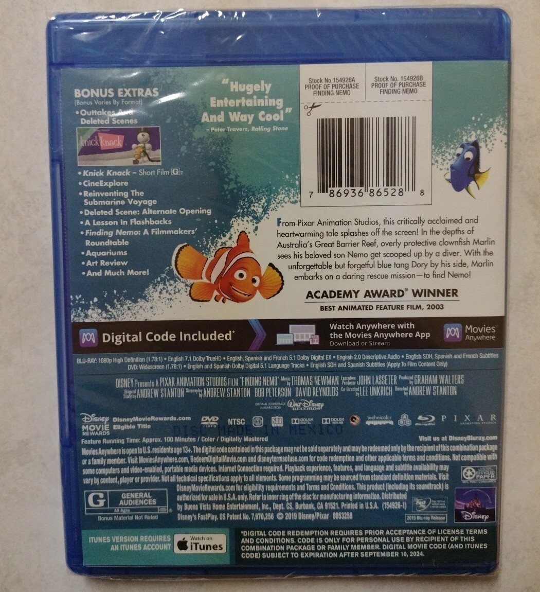 Finding Nemo Disney Pixar Blu-ray + DVD + Digital Code - Brand New