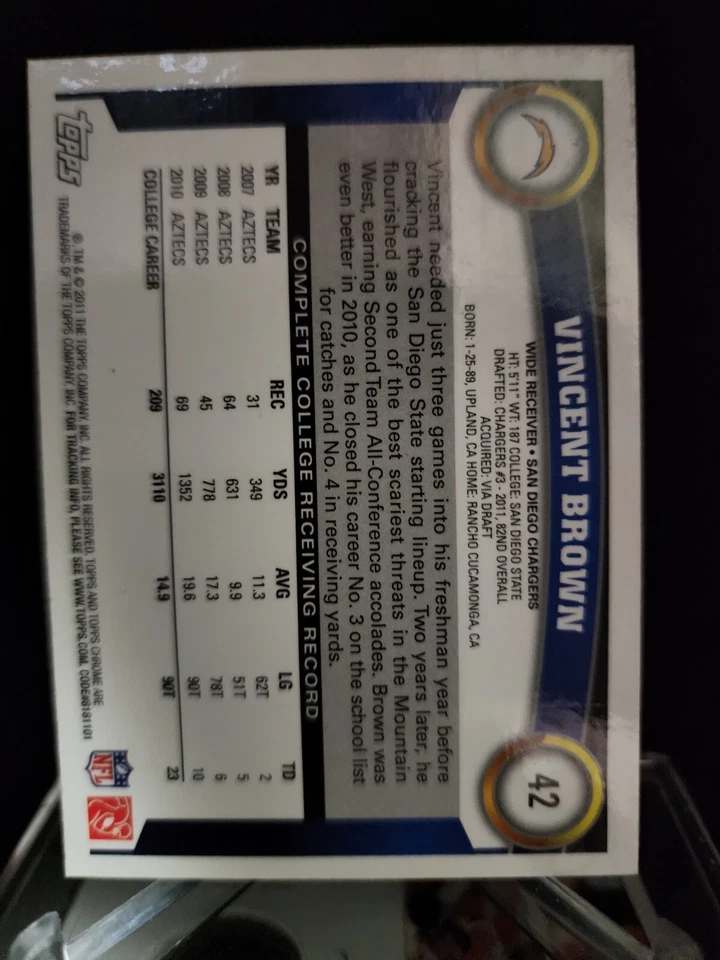 VINCENT BROWN 2011 TOPPS CHROME ROOKIE #42 SAN DIEGO CHARGERS NFL FOOTBALL CARD - Image 2 of 2