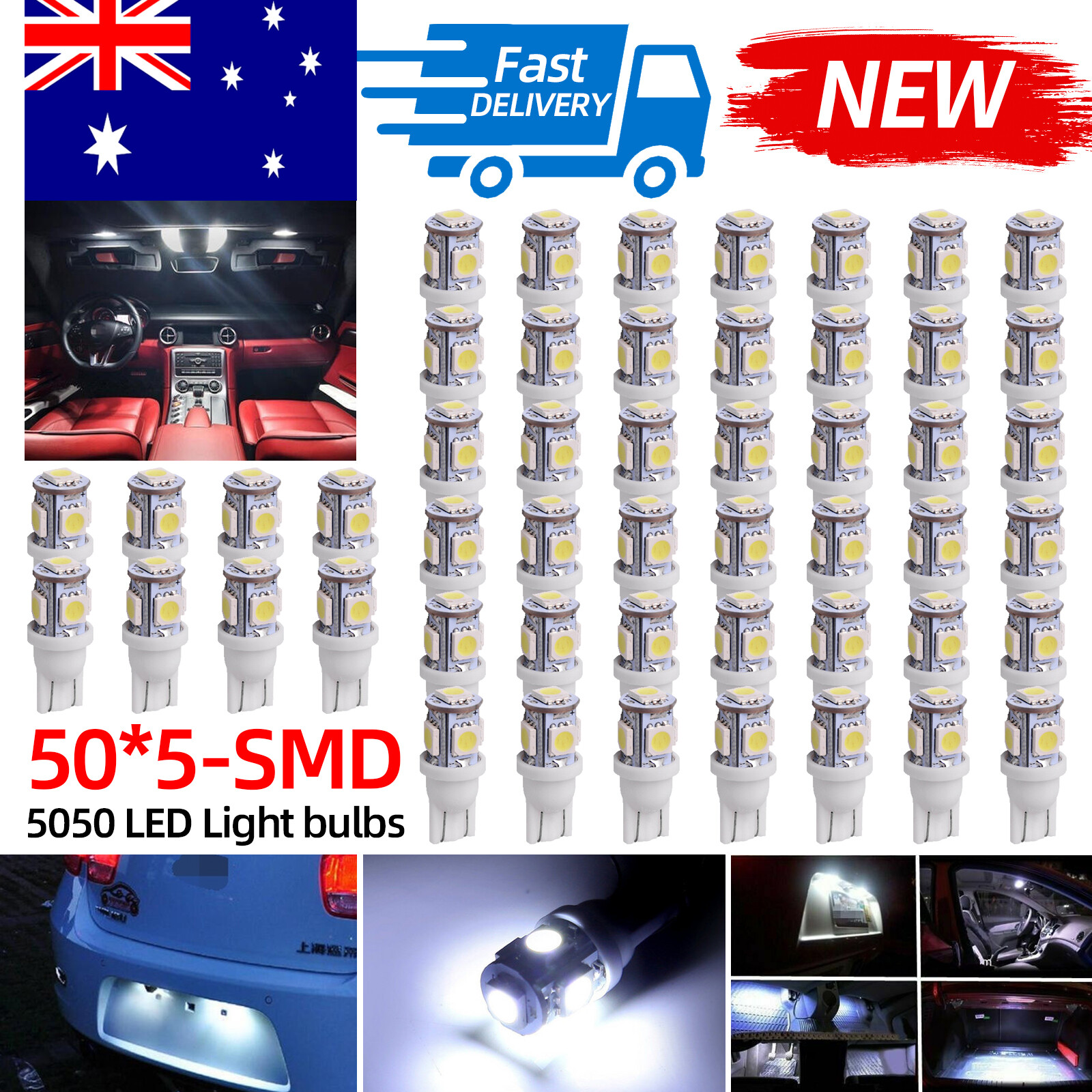 5-50 T10 LED 10-SMD Wedge Bulb Car Roof Light Interior 12V White 6000K