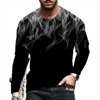 Camiseta Hombre Antiguo Blanco Humo Negro Manga Larga Moda Ropa De Calle Casual