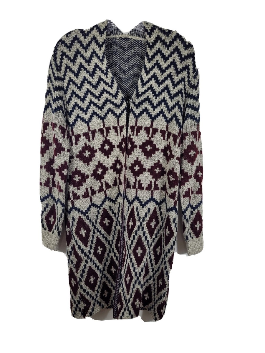 Cardigan Sweater Size Large black burgundy tribal Aztec