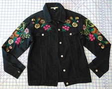 Gianni Bini Black Denim Bright Floral Embroidered Jacket M