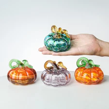 Colorful Crystal Pumpkin Figurine Hand Blown Glass Pumpkin Ornament Party Decor