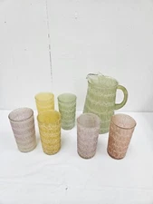 Vintage Rubber Spaghetti Glass Mid century Pitcher & 6 Glass Set Multi Color