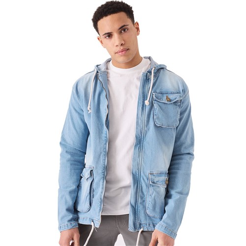 JMOJO Mens Denim Hooded Jacket Warm Trucker Durable Hoodie Winter Sleeves Coat - Picture 16 of 33