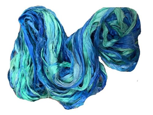 Recycled Sari Silk Ribbon Yarn - Cerulean Blue and Blue - 50 GMS - Boho Ribbon - Picture 2 of 5