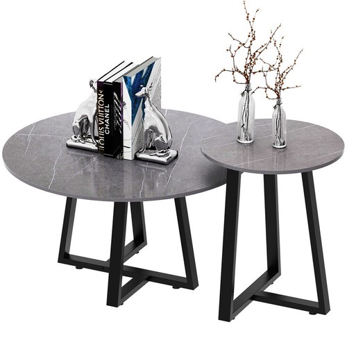 Rund Couchtisch Sofatisch Beistelltisch Satztisch Marmor Optik Tisch-Set Metall - Bild 7 von 17