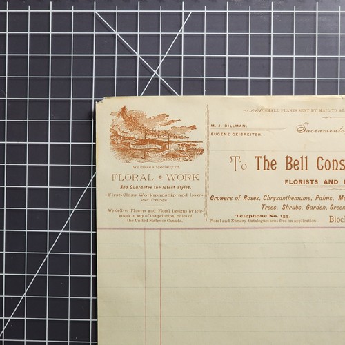 En-tête de crèche fleuriste The Bell Conservatory années 1890 Sacramento CA - Photo 3/3