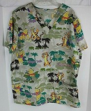 DISNEY Scrub Top Pooh  Tigger Jungle Trek Print Adult Large Nursing Pediatrics