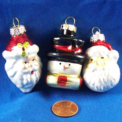 3 Mini Ornaments Snowman Santa Claus Glass Classic Holiday Decorations Set