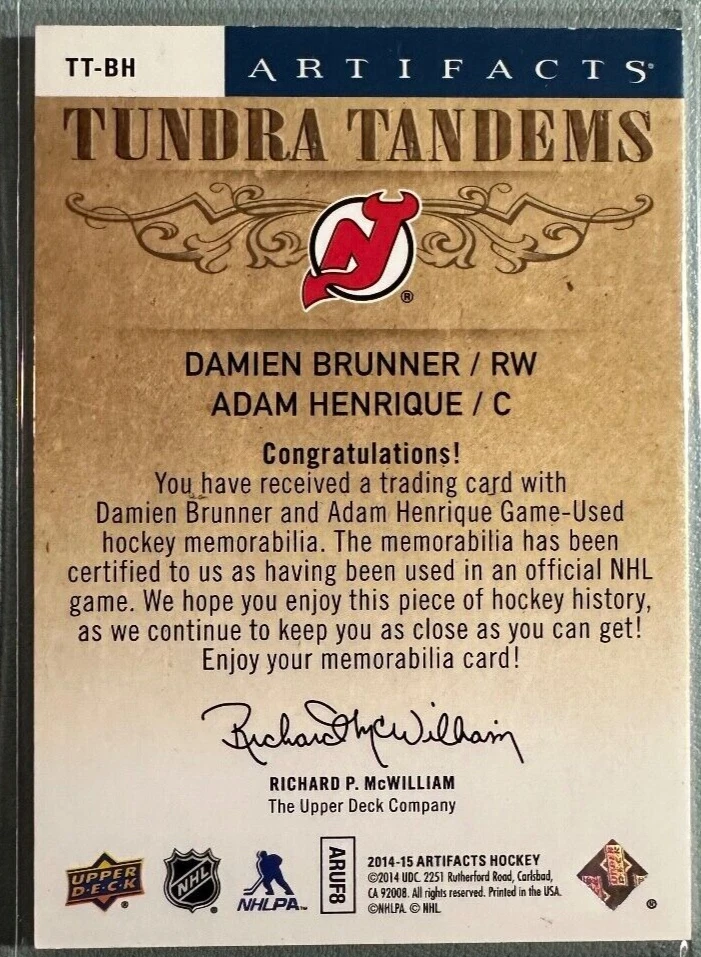 DAMIEN BRUNNER / ADAM HENRIQUE 2014-15 UD Artifacts Dual Jersey Tundra Tandems - Image 2 of 2