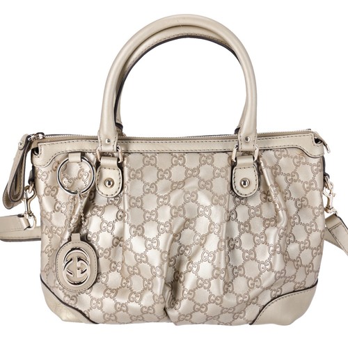 GUCCI Hysteria Leather Top Handle Handbag Yellow Logo Gold Tone