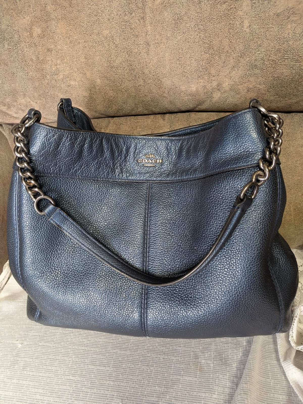 Coach Metallic Navy Blue Pebbled Leather Lexy Triple Compartment Chain Bag VG
