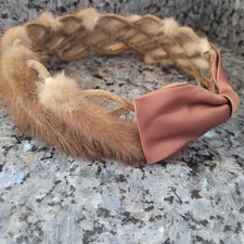 Vintage Natural Fur Mink Fascinator Halo Hat With Bow Brown Color Mid Century