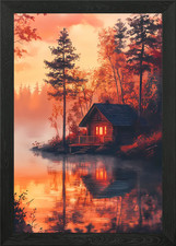 Cabin by the Lake at Sunset in Autu Framed Wall Art Poster Canvas Print Picture