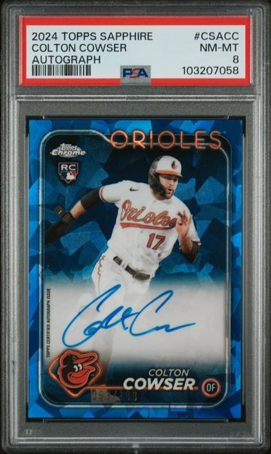 2024 Topps Chrome Sapphire Colton Cowser RC Auto /199 PSA 8