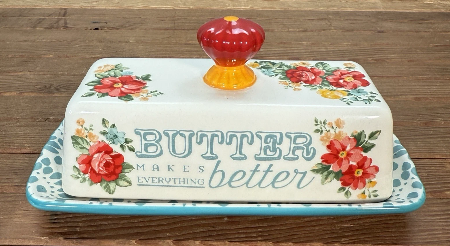 Pioneer Woman Butter Dish Multicolor Floral Stoneware China Farmhouse Cottage