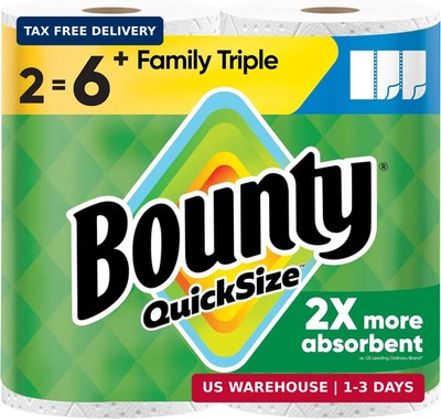 Bounty Paper Towels Quick Size, White, 2 Family Triple Rolls = 6+ Regular Rolls