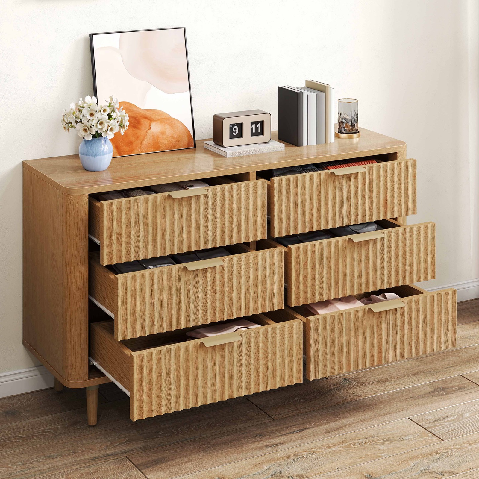 6-Drawer Fluted Panel Wood Dresser in Natural Oak for Bedroom Storage