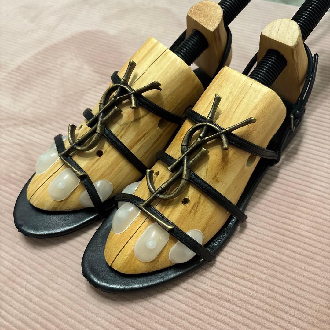 Saint Laurent Sandals Shoes YSL EU 37.5 US 7.5 Leather Black Gold Authentic thumbnail 20
