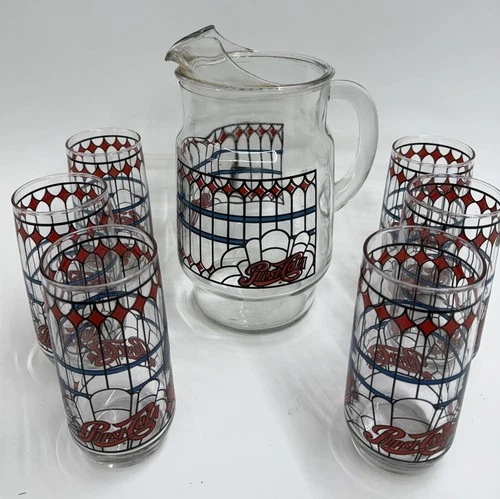 Set of 8 Vintage Pepsi Cola Glasses & Pitcher Tiffany Style-Stained Glass