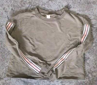 H&M Girls Cropped Sweatshirt Olive Green Striped Sleeves Size 14 Youth Crew Neck