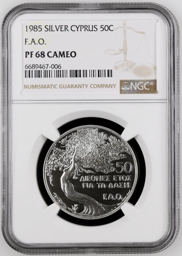 1985 Cyprus International Year of Forest 50 Cents Silver Proof NGC PF 68 CAMEO