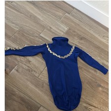 Vintage Danskin Solid Blue Leotard W/ Gold Sequin Trim Zipper Closure kids 8-10