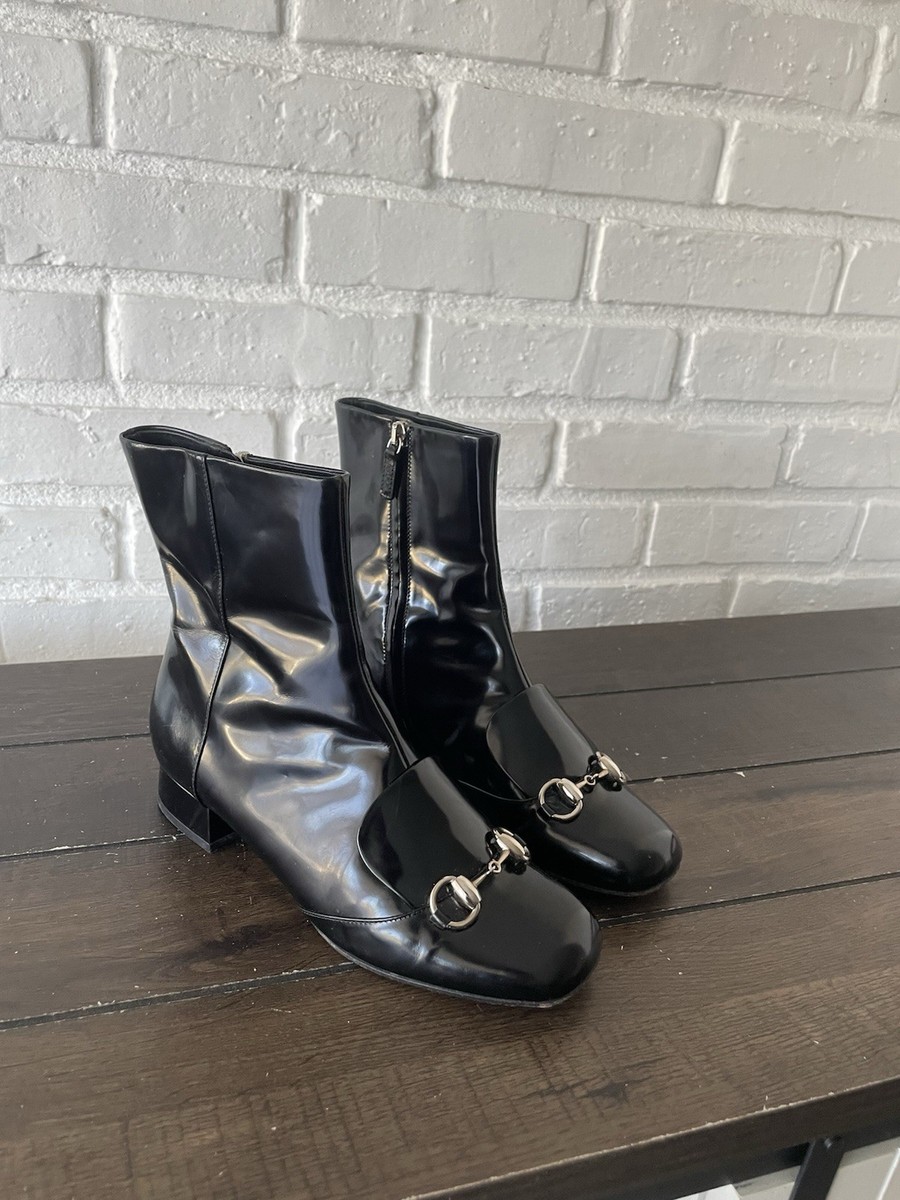 GUCCI Patent Leather Black Short Boots Sz 36 Silver Horsebit Logo 