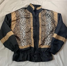 Vintage 90s Lauren Brook Leopard Print Full Zip Windbreaker Size Med Tie Waist