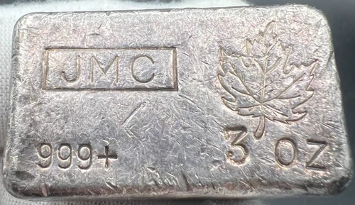 3 oz JMC Maple Leaf Johnson Matthey Canada Poured Vintage Silver Bar