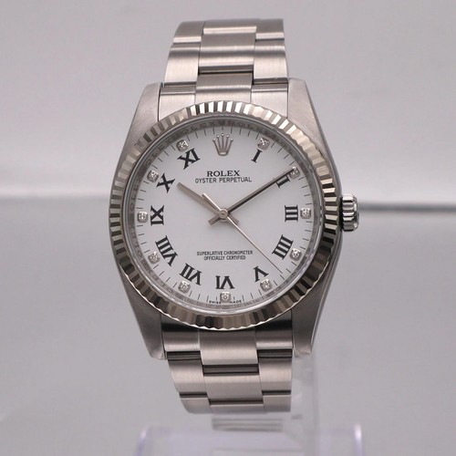 Rolex Oyster Perpetual 36mm 18K White Gold Steel Diamond White Dial Watch 116034