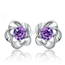 925Sterling Silver Hypoallergenic Rose Flower Purple Crystal Post Earrings Z1140