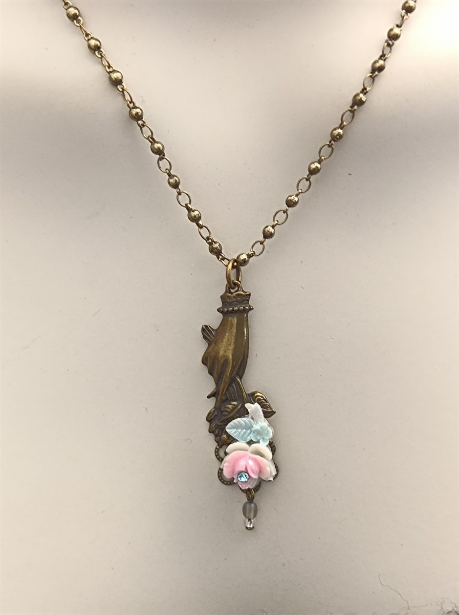 Michal Negrin Necklace Hand Holding Flowers Victorian Revival