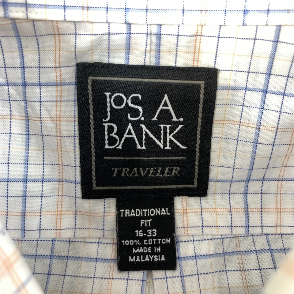 Camisa con botones Jos A Bank Traveler para hombre 16 33 blanca azul naranja a cuadros Foto 3 de 4